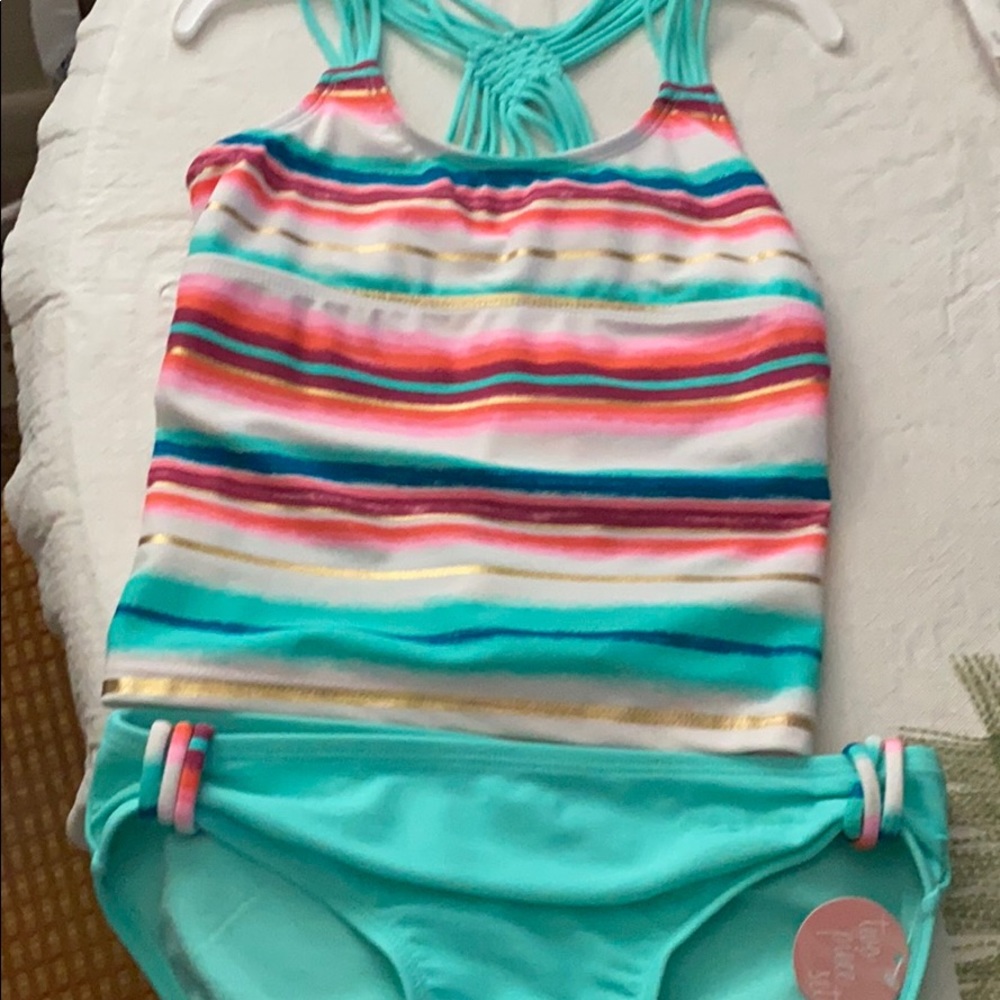 2PC Size 10 Girls Bikini Swimsuit Aqua Striped